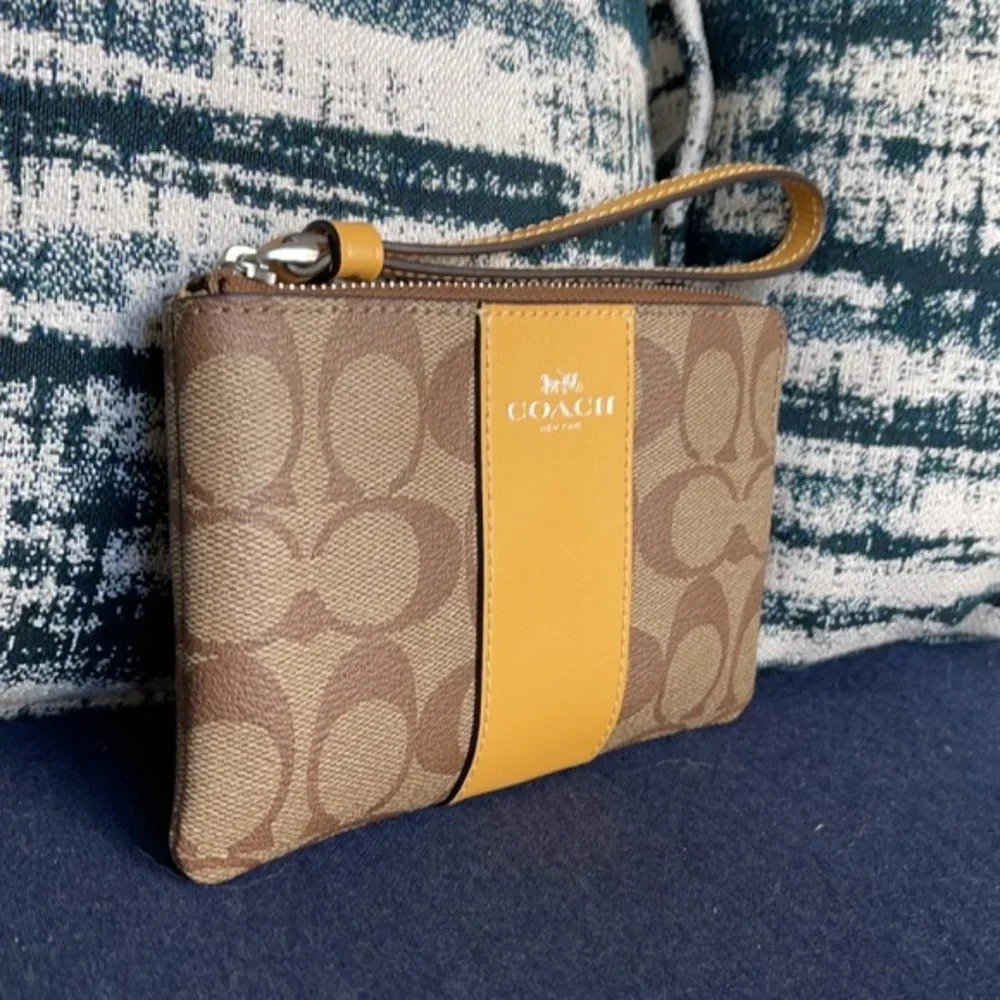COACH Signature PVC Leather Corner Zip Wristlet